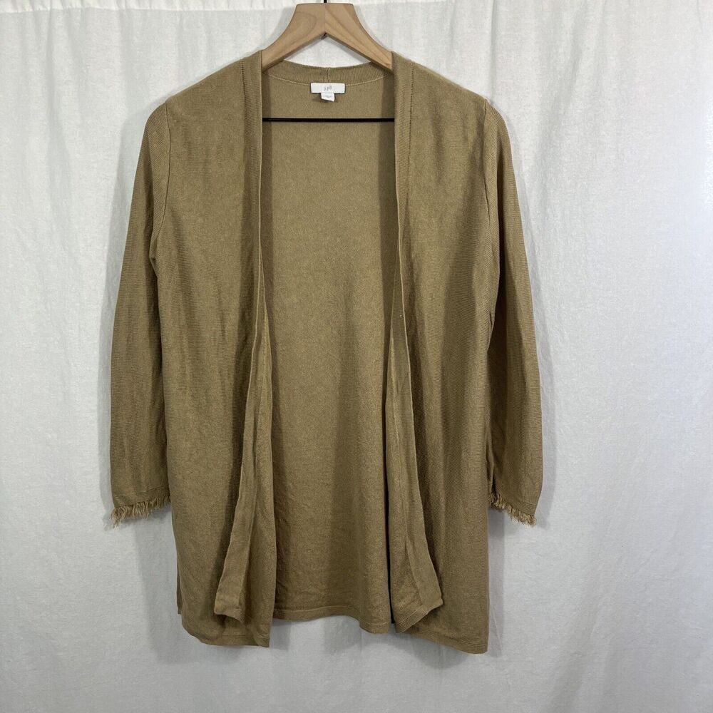 J. Jill Linen Blend Fringe Tan Open Front Cardigan Sweater Womens Size XS Beach